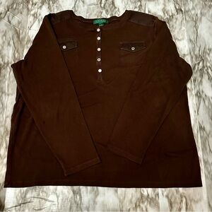 Lauren Ralph Lauren Chocolate Brown Y2K Small Pocket Plus Size Button Up Henley